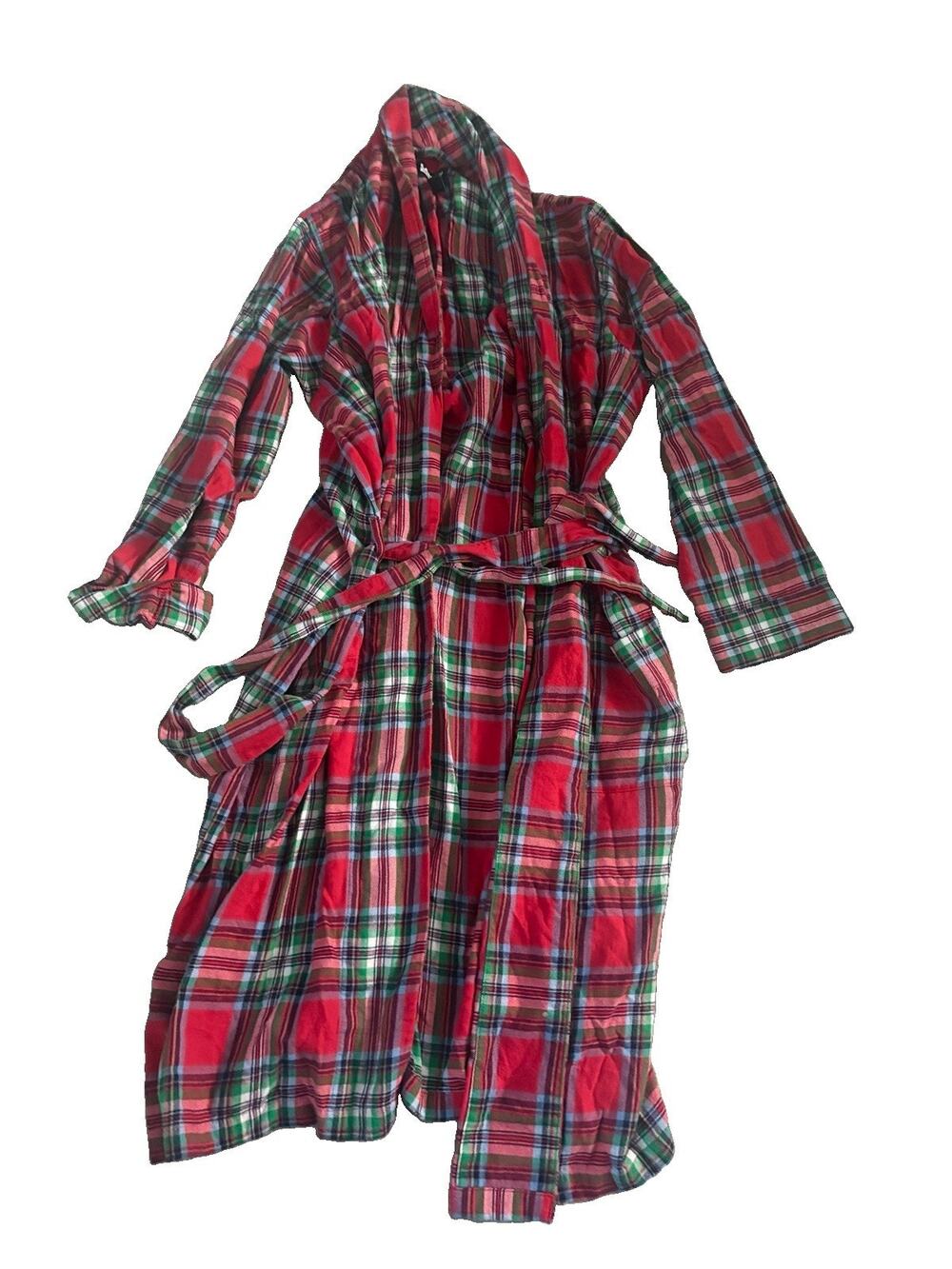 Red Tartan Plaid Flannel Robe Lands' End Men's Medium Cotton Tie Close